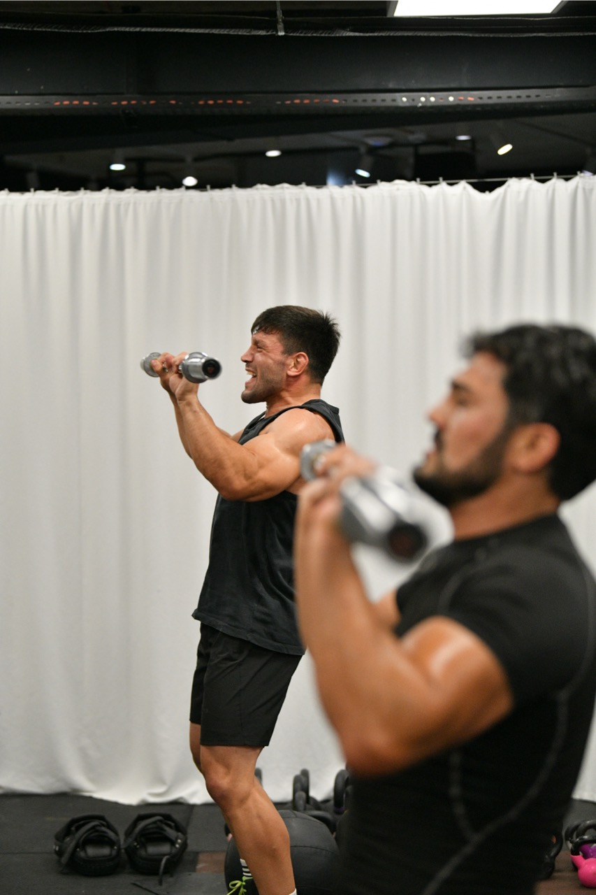 Free weights and conditioning equipment for striking camp